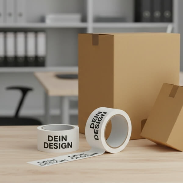 Klebeband auf Tisch neben Karton